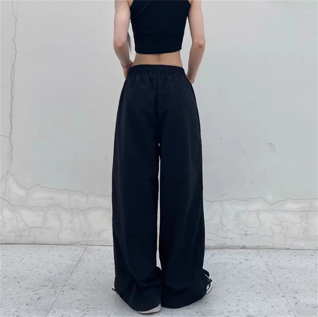 Pantalones de pierna ancha con lazo a rayas laterales Retro para mujer, pantalones deportivos informales de cintura alta, pantalones Cargo Harajuku, ropa de calle, Joggers de Hip Hop