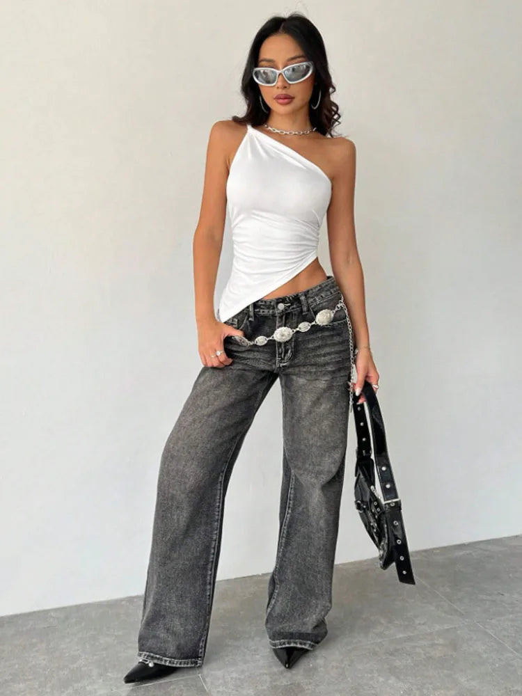 2025 nueva camiseta informal de moda para mujer Color sólido un solo hombro asimétrico ajustado Top cuello de una sola pieza YUNO STUDIOS