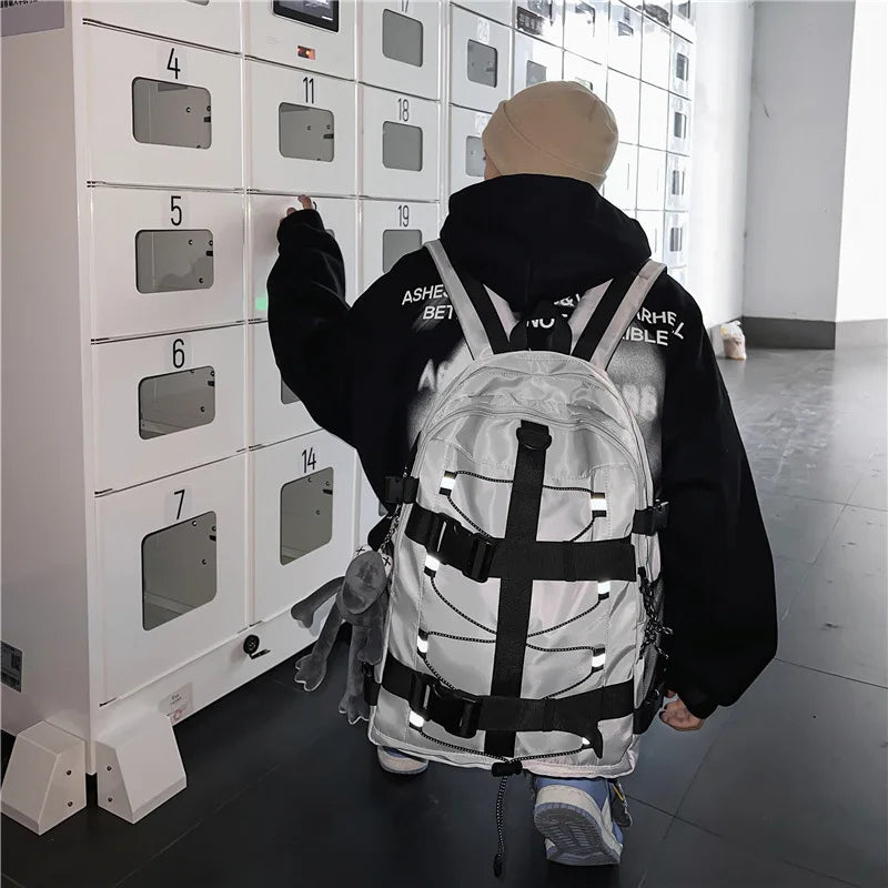 Mochila bolso de skate hombres mujeres moda fresco raya reflectante mochila estudiante mochila personalizada de gran capacidad YUNO STUDIOS