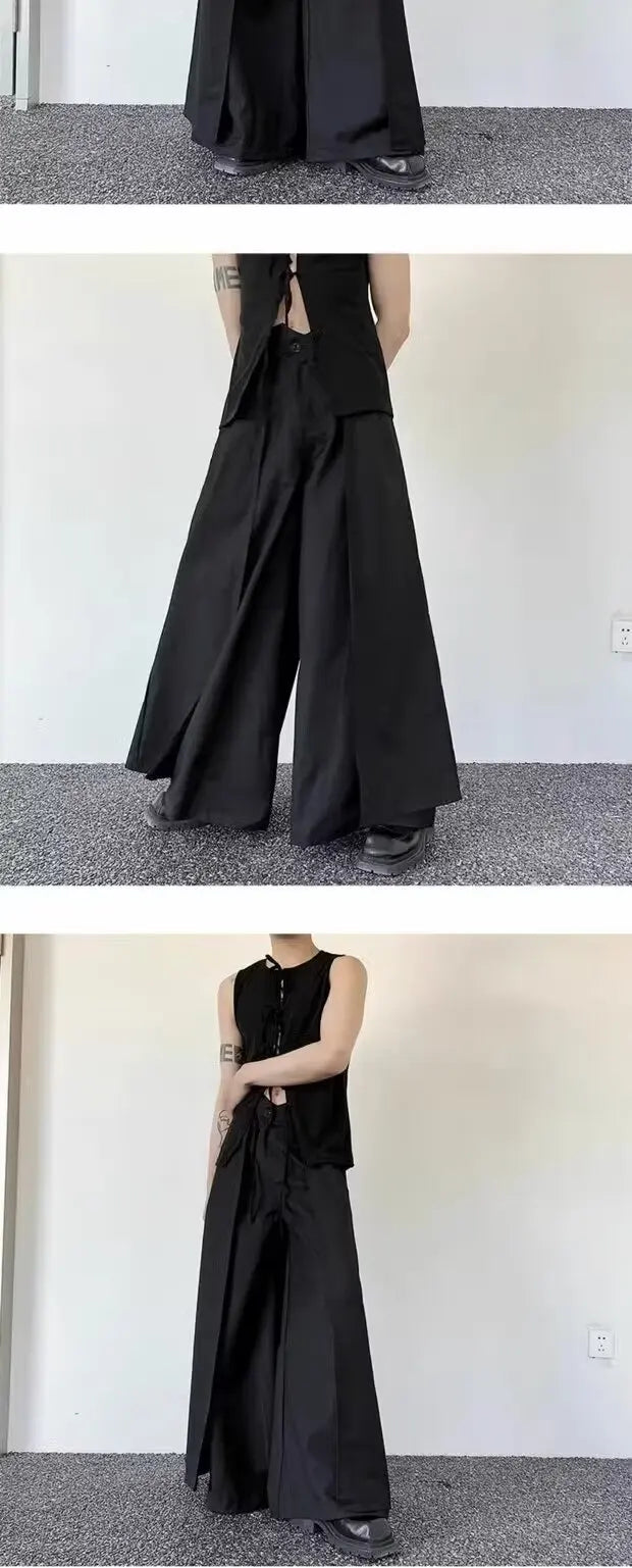 Pantalones japoneses en capas de vanguardista para hombre, pantalones Hakama Y2k de pierna ancha, ropa de calle estética oscura, ropa de gran tamaño