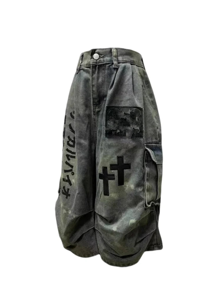Verano Mujer Goblin Core Cross Denim Jorts Shorts Y2k hasta la pantorrilla Jean pantalones Trashy Y2K Abi japonés Cyber Punk Grunge Unisex