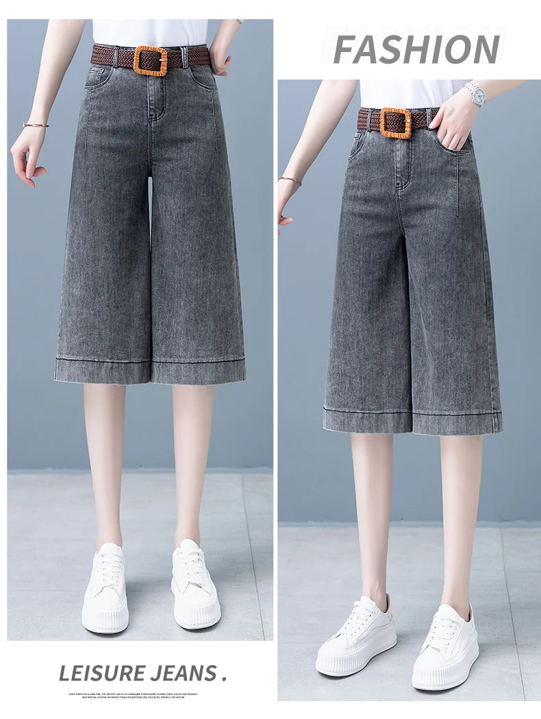 Plones vaqueros de pierna ancha de cintura alta para mujer, novedad de verano, estilo fino, cinco-siete, sueltos, adeaz...