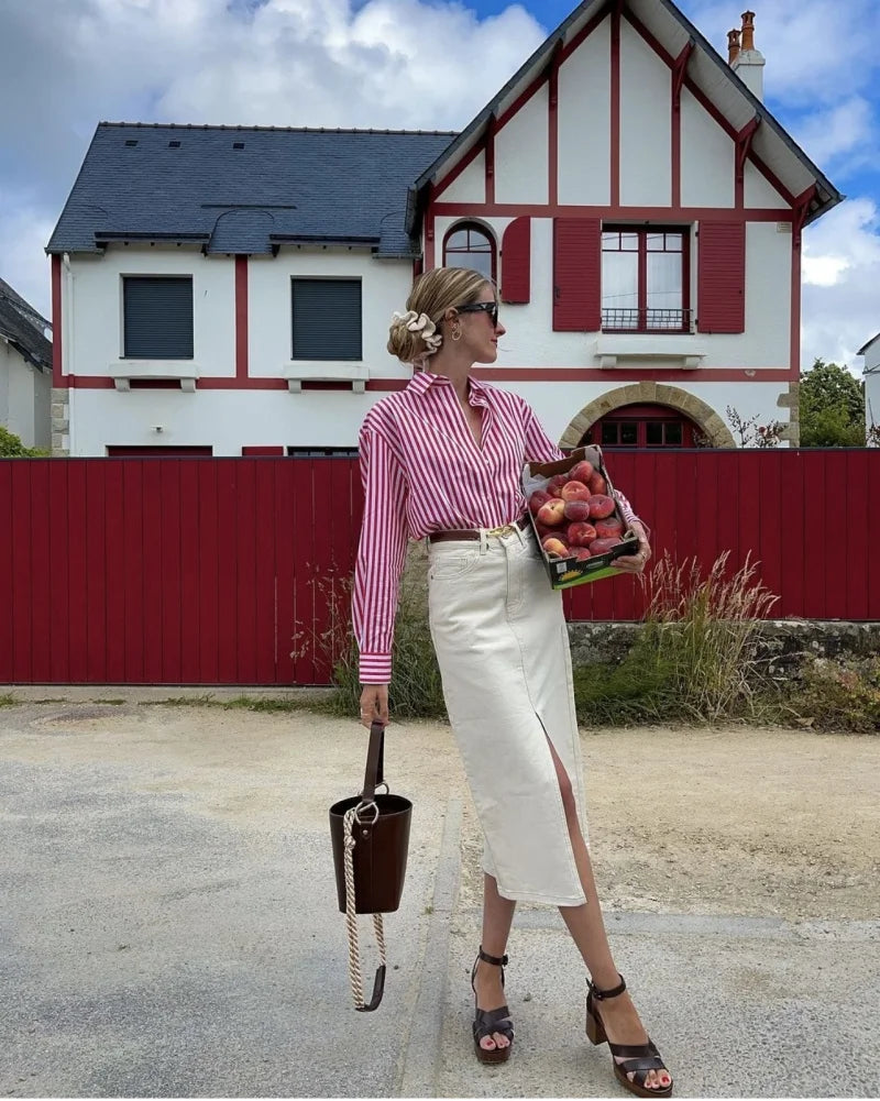 ETJ 2025 primavera de las mujeres nueva moda europea-americana rayas de manga larga solapa versión suelta camisa de popelina selección multicolor