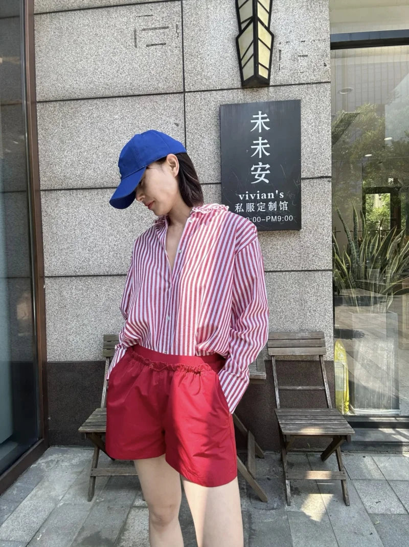 ETJ 2025 primavera de las mujeres nueva moda europea-americana rayas de manga larga solapa versión suelta camisa de popelina selección multicolor