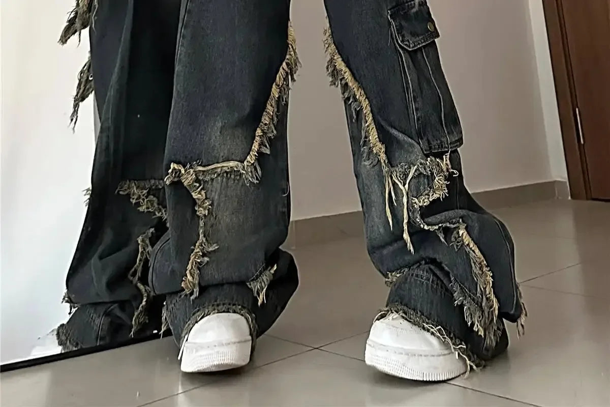 Nuevos pantalones vaqueros con dobladillo deshilachado y estrella de cinco puntos lavados Vintage americanos para mujer, pantalones largos de pierna recta de gran tamaño con nicho de calle alta