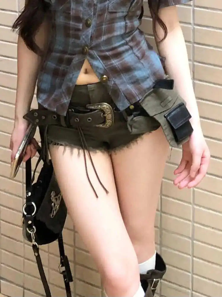 Verano Mujer Goblin Core Gyaru Coquette pantalones cortos vaqueros de tiro bajo con cinturón japonés Harajuku Jean pantalones calientes Academia oscura Kpop Y2k