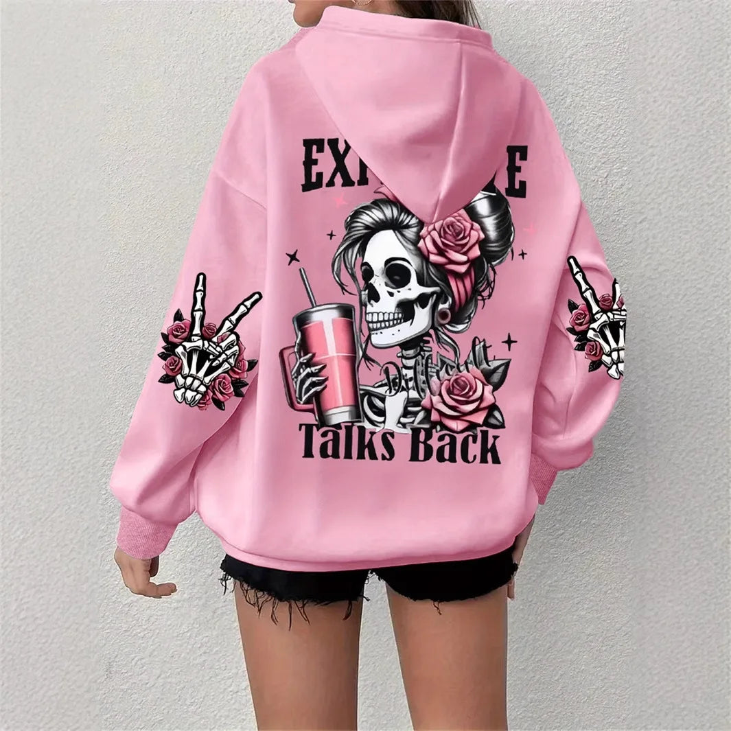 2025 Ropa deportiva de gran tamaño popular para otoño e invierno, sudadera con capucha de manga larga con estampado de calavera