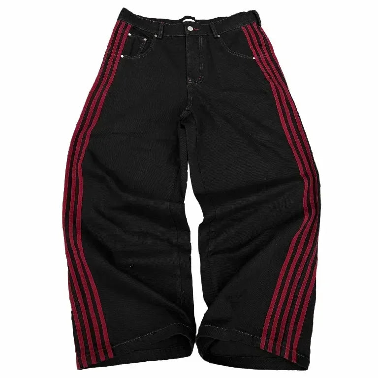 Pantalones vaqueros holgados Y2K de alta calidad, pantalones de chándal Harajuku bordados a rayas, ropa informal estilo Hip Hop para hombres y mujeres, pantalones vaqueros de pierna ancha informales YUNO STUDIOS