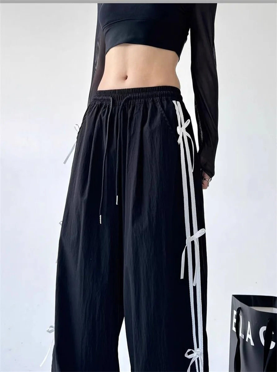 Pantalones de pierna ancha con lazo a rayas laterales Retro para mujer, pantalones deportivos informales de cintura alta, pantalones Cargo Harajuku, ropa de calle, Joggers de Hip Hop
