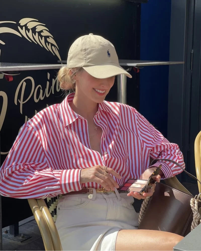 ETJ 2025 primavera de las mujeres nueva moda europea-americana rayas de manga larga solapa versión suelta camisa de popelina selección multicolor