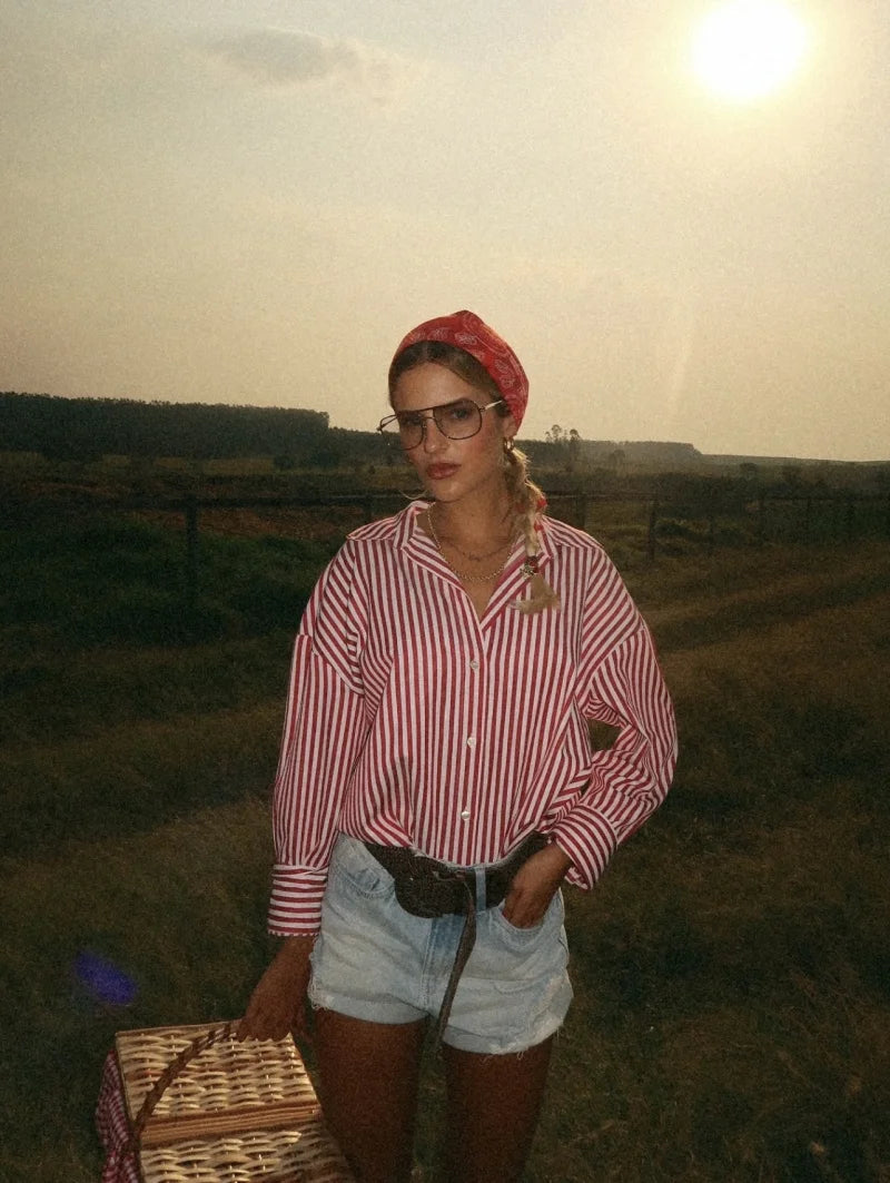 ETJ 2025 primavera de las mujeres nueva moda europea-americana rayas de manga larga solapa versión suelta camisa de popelina selección multicolor