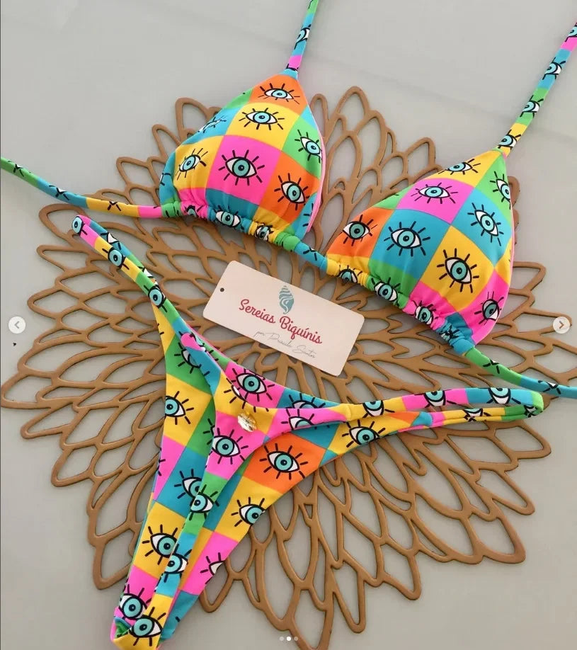 Conjuntos de Bikini sexys con estampado, Tops con cordones y cuello Halter, tangas, traje de baño estilo playero Y2k, trajes de baño para mujer, ropa de playa Куshenльник Ж Salahdhe 2025 YUNO STUDIOS