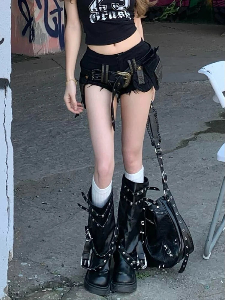 Verano Mujer Goblin Core Gyaru Coquette pantalones cortos vaqueros de tiro bajo con cinturón japonés Harajuku Jean pantalones calientes Academia oscura Kpop Y2k