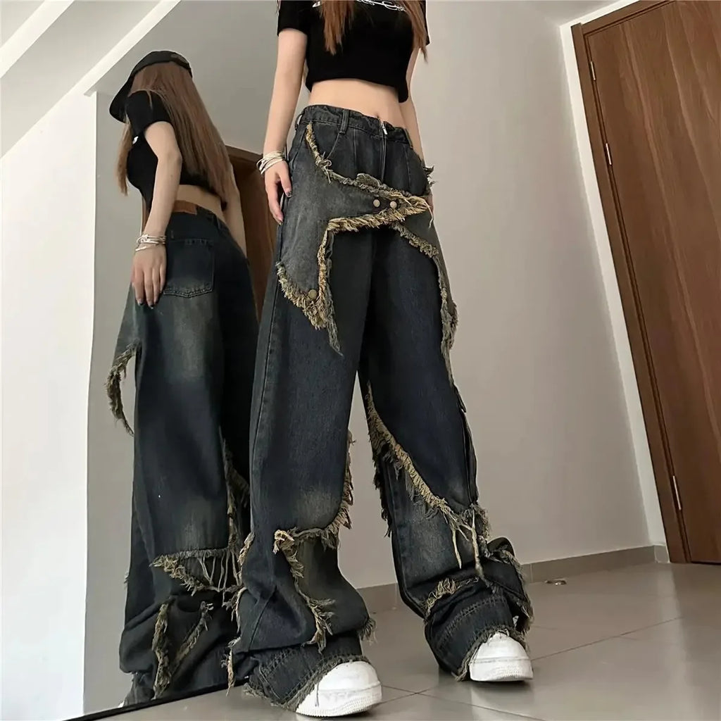 Nuevos pantalones vaqueros con dobladillo deshilachado y estrella de cinco puntos lavados Vintage americanos para mujer, pantalones largos de pierna recta de gran tamaño con nicho de calle alta