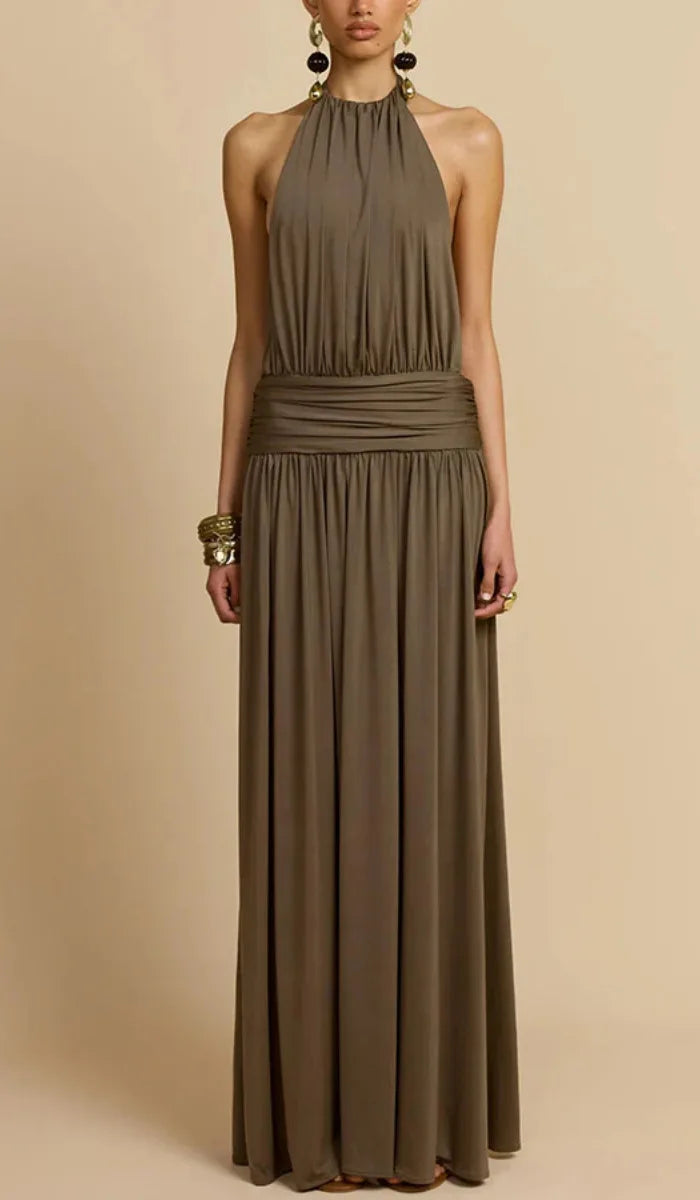 Ropa de mujer europea y americana 2025, novedad de verano, vestido largo plisado con cuello y espalda descubierta, vestido con temperamento