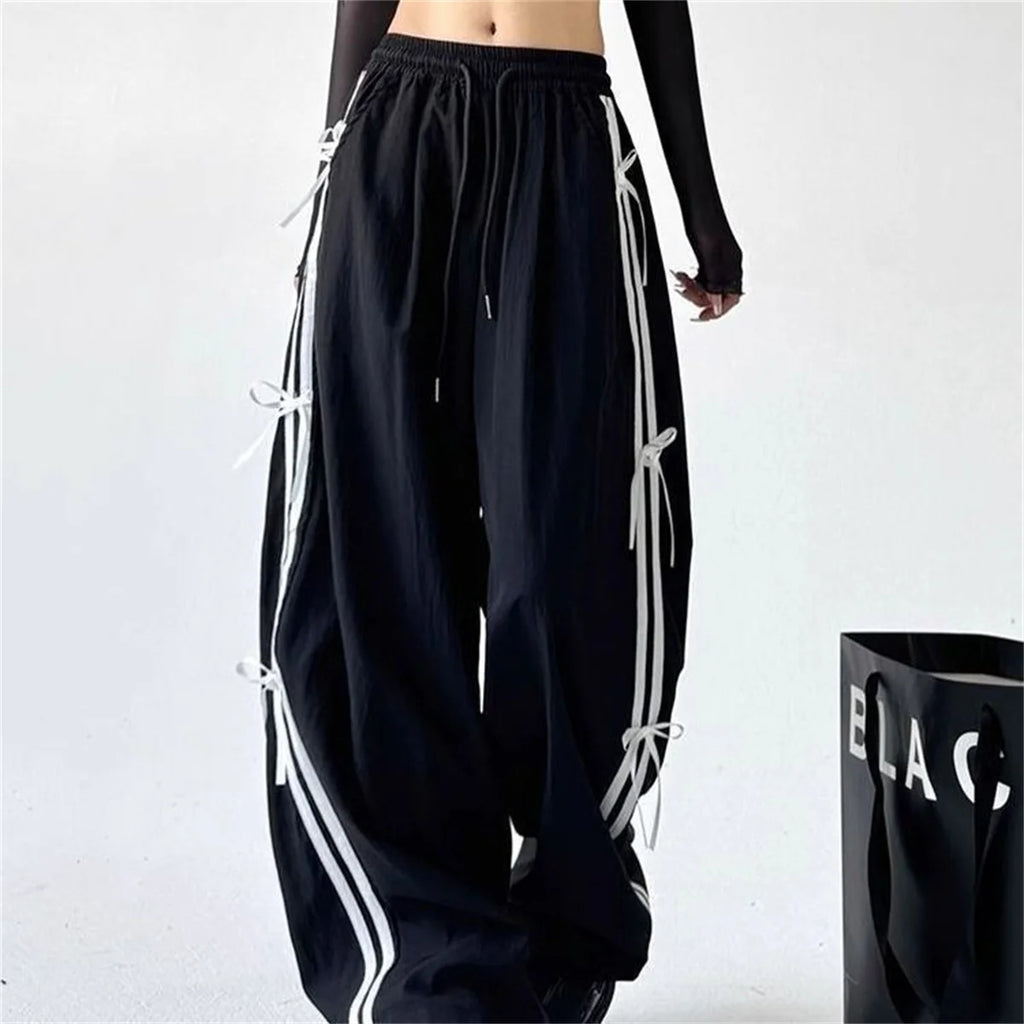 Pantalones de pierna ancha con lazo a rayas laterales Retro para mujer, pantalones deportivos informales de cintura alta, pantalones Cargo Harajuku, ropa de calle, Joggers de Hip Hop