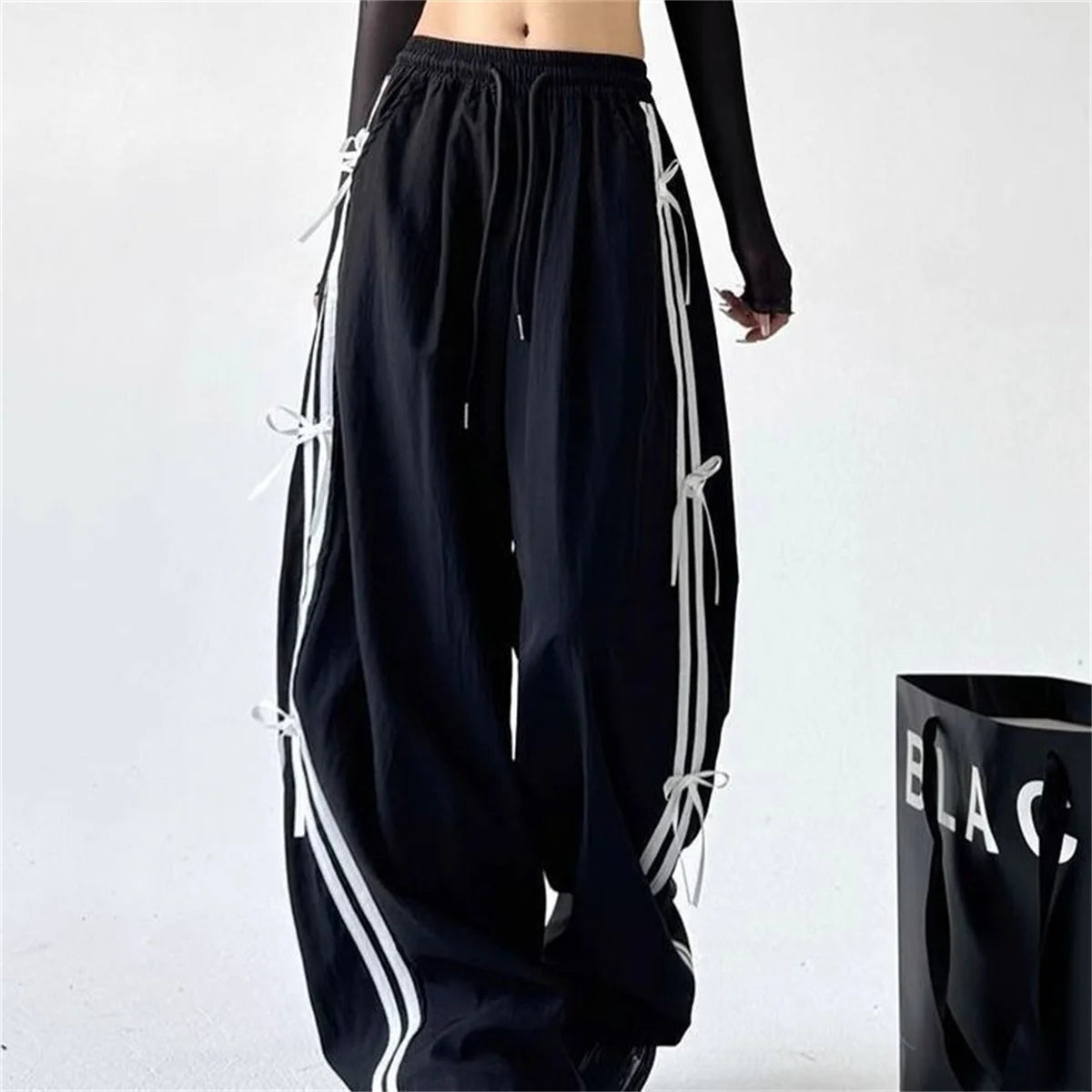 Pantalones de pierna ancha con lazo a rayas laterales Retro para mujer, pantalones deportivos informales de cintura alta, pantalones Cargo Harajuku, ropa de calle, Joggers de Hip Hop