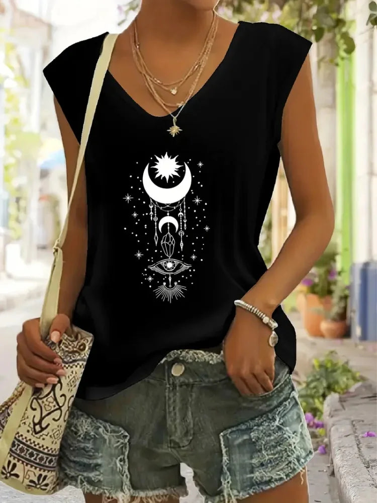 2025 nuevo chaleco sin mangas para mujer con tótem Retro Para sol y luna estampado verano calle Casual moda S-5XL YUNO STUDIOS