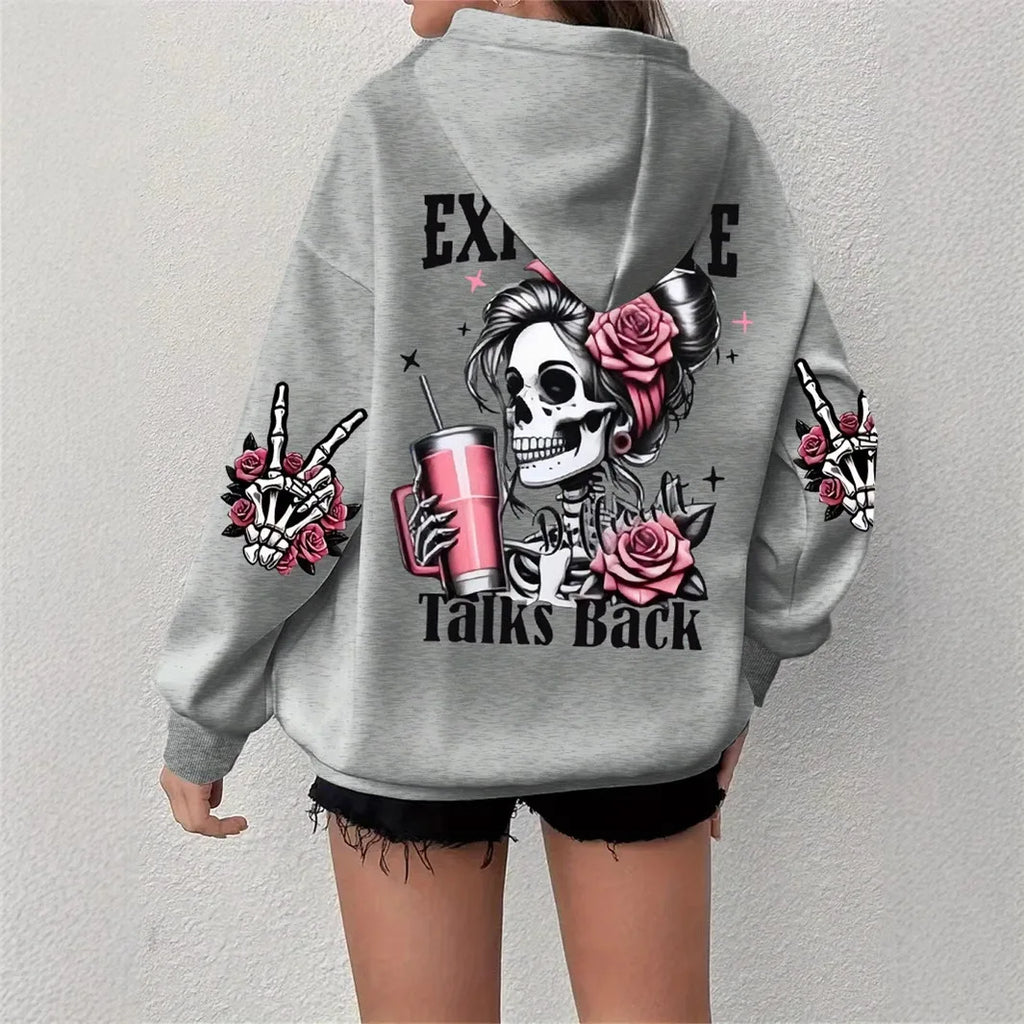 2025 Ropa deportiva de gran tamaño popular para otoño e invierno, sudadera con capucha de manga larga con estampado de calavera