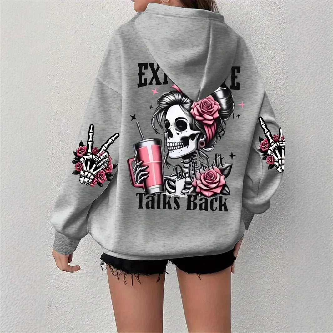 2025 Ropa deportiva de gran tamaño popular para otoño e invierno, sudadera con capucha de manga larga con estampado de calavera