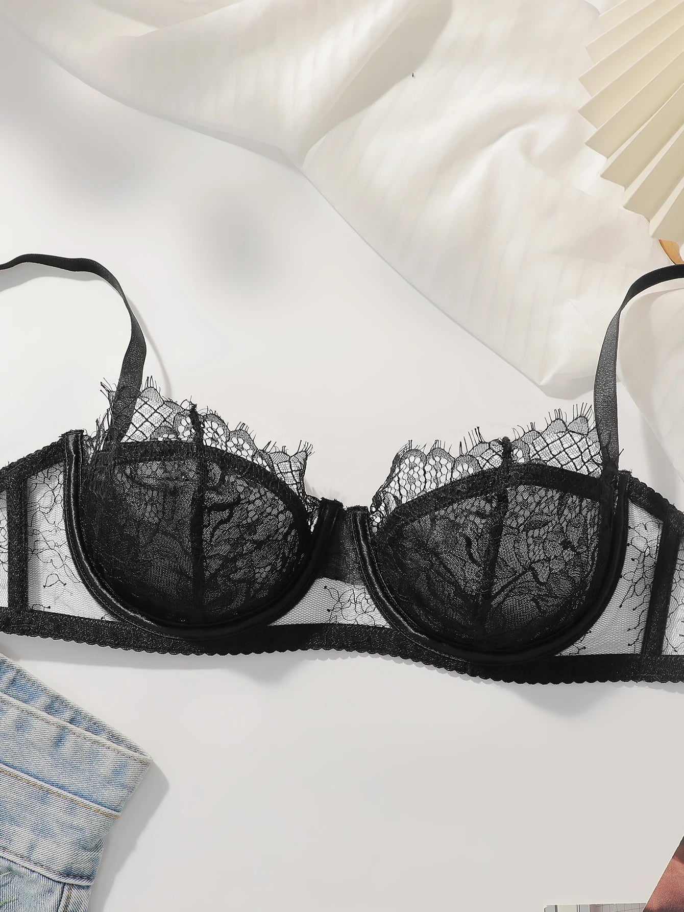 Conjunto de lencería transparente ultrafina de encaje negro de 2 piezas, conjunto sexy de color sólido, sujetador para mujer, Tanga de fiesta, ropa interior MR3406 YUNO STUDIOS