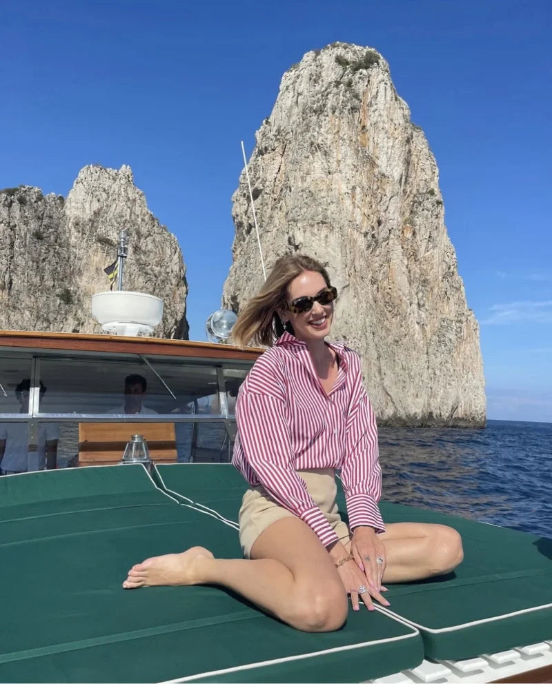 ETJ 2025 primavera de las mujeres nueva moda europea-americana rayas de manga larga solapa versión suelta camisa de popelina selección multicolor YUNO STUDIOS