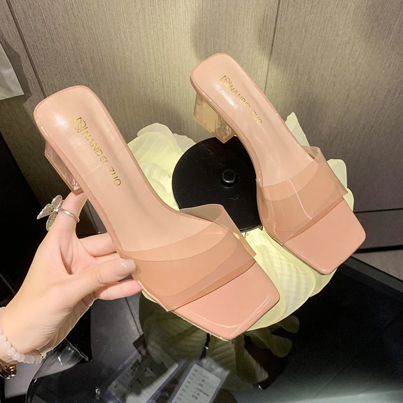 Zapatillas transparentes cristalinas, zapatos de mujer con tacones medios, cómodos nuevos zapatos de verano para mujer, chanclas geniales a la moda para mujer
