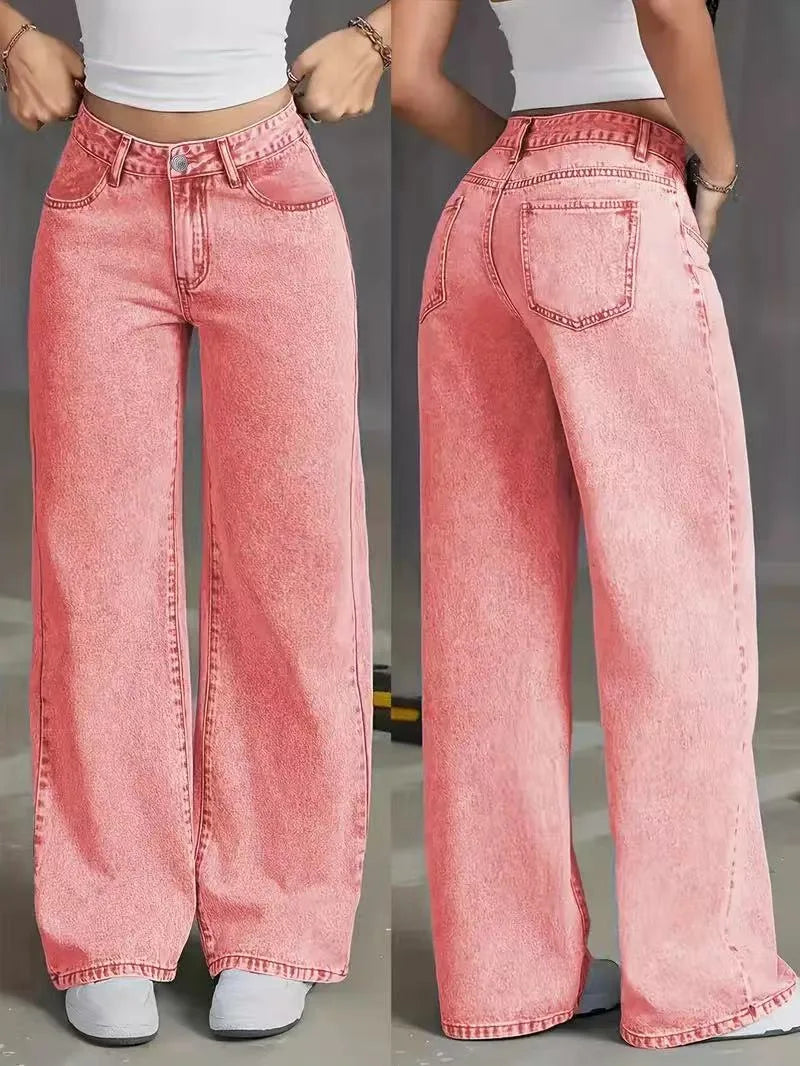 Pantalones vaqueros de pierna ancha para mujer, Pantalones rectos de cintura alta, bolsillos lavados desgastados, ropa de calle holgada hasta el suelo 2025