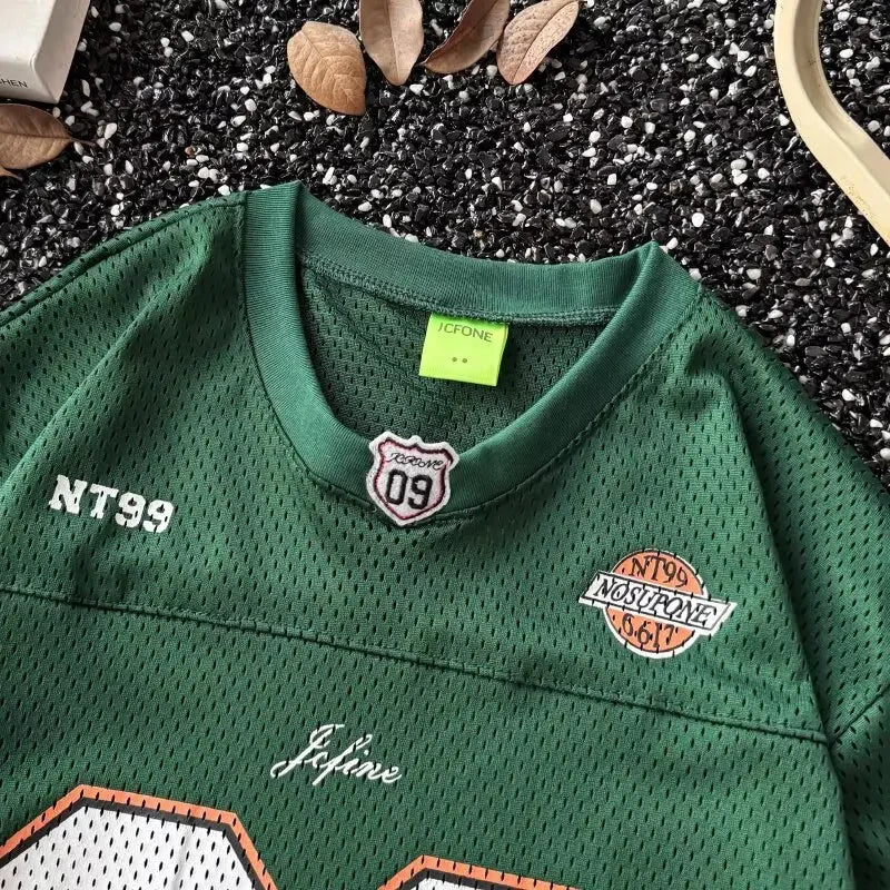 Camiseta de béisbol de manga corta con cuello en V de estilo americano, Top Retro deportivo holgado de verano para hombres y mujeres YUNO STUDIOS