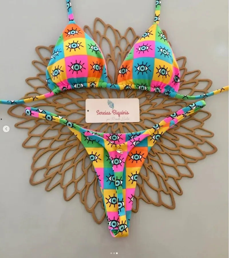 Conjuntos de Bikini sexys con estampado, Tops con cordones y cuello Halter, tangas, traje de baño estilo playero Y2k, trajes de baño para mujer, ropa de playa Куshenльник Ж Salahdhe 2025