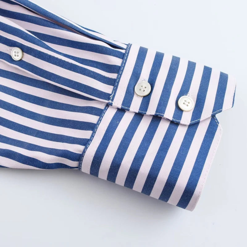 ETJ 2025 primavera de las mujeres nueva moda europea-americana rayas de manga larga solapa versión suelta camisa de popelina selección multicolor