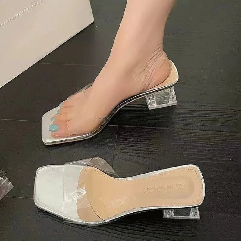 Zapatillas transparentes cristalinas, zapatos de mujer con tacones medios, cómodos nuevos zapatos de verano para mujer, chanclas geniales a la moda para mujer