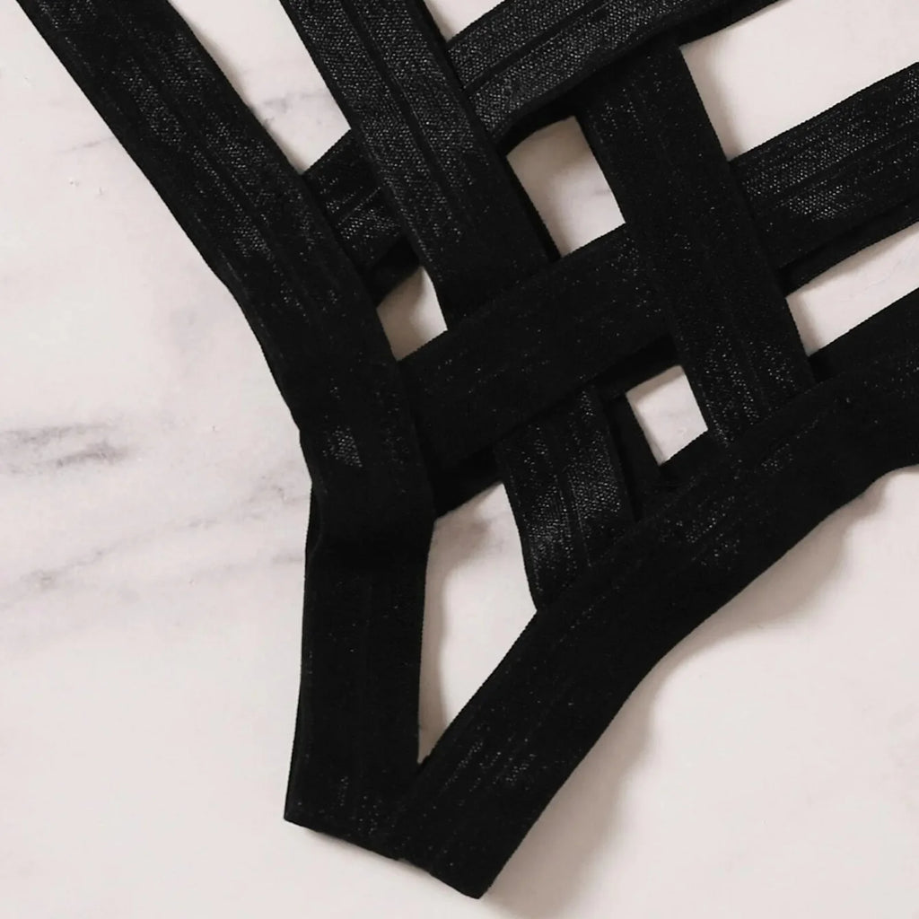 Conjunto de lencería con arnés Bondage para mujer, conjuntos de sujetador calado elástico, sujetador de jaula sin copas negro, Tanga, ropa interior íntima Sexy exótica
