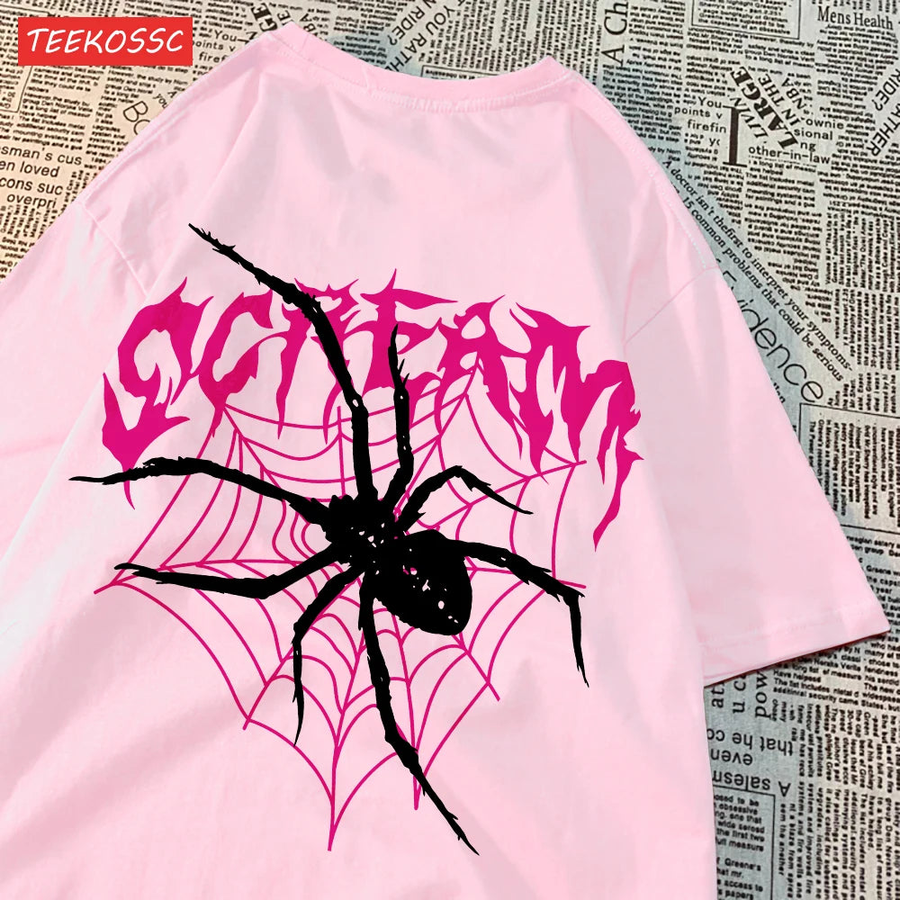 Camisetas informales de algodón para mujer, Tops con estampado de telarañas y grito, ropa femenina de moda de manga corta suave con cuello redondo de gran tamaño YUNO STUDIOS