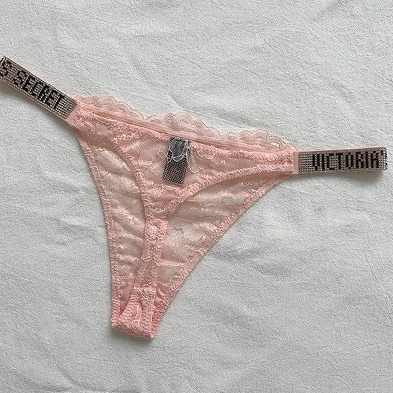 Nueva lencería Sexy rosa de marca, ropa interior íntima femenina, bragas para mujer, sujetador con letras de diamantes de imitación, breve cómodo