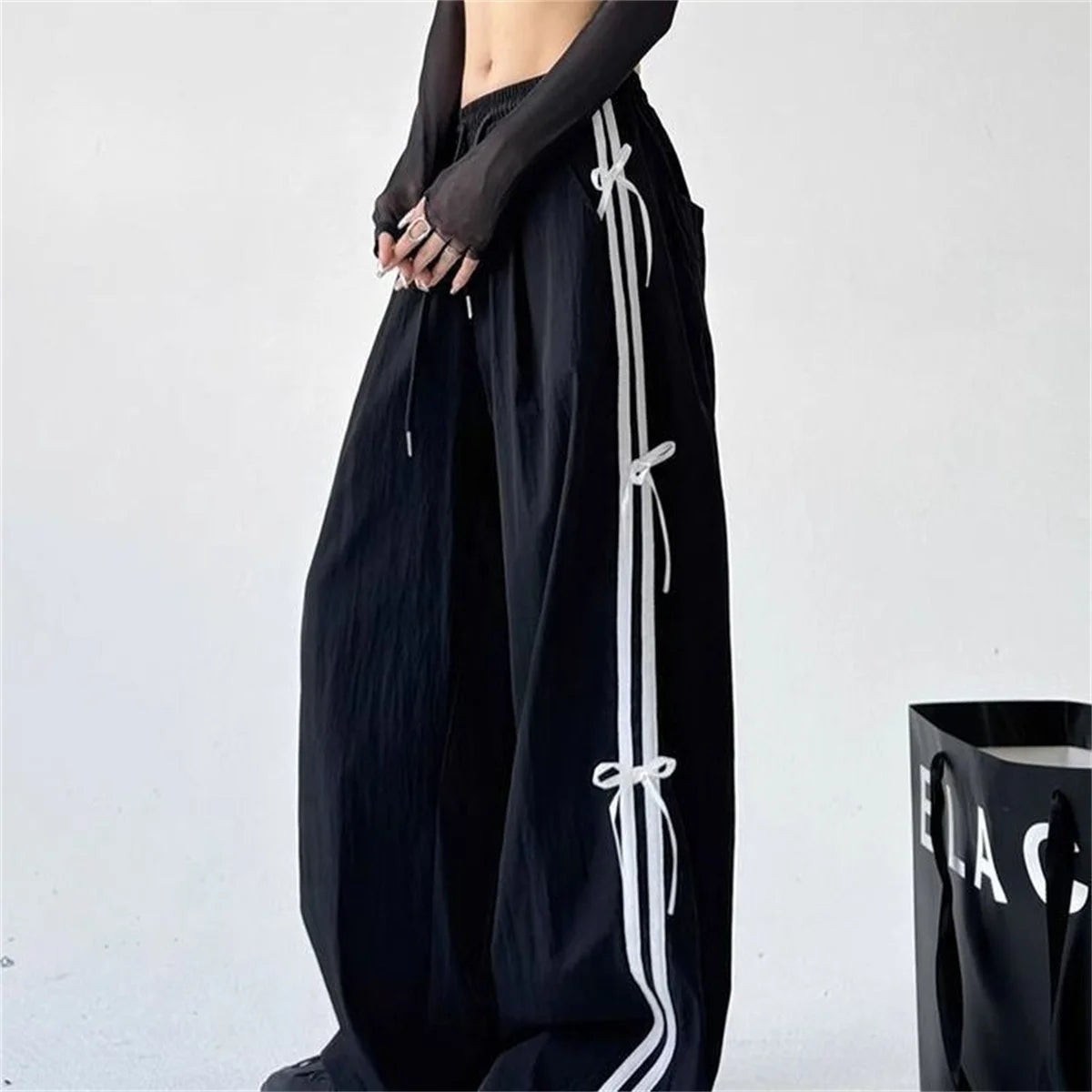 Pantalones de pierna ancha con lazo a rayas laterales Retro para mujer, pantalones deportivos informales de cintura alta, pantalones Cargo Harajuku, ropa de calle, Joggers de Hip Hop