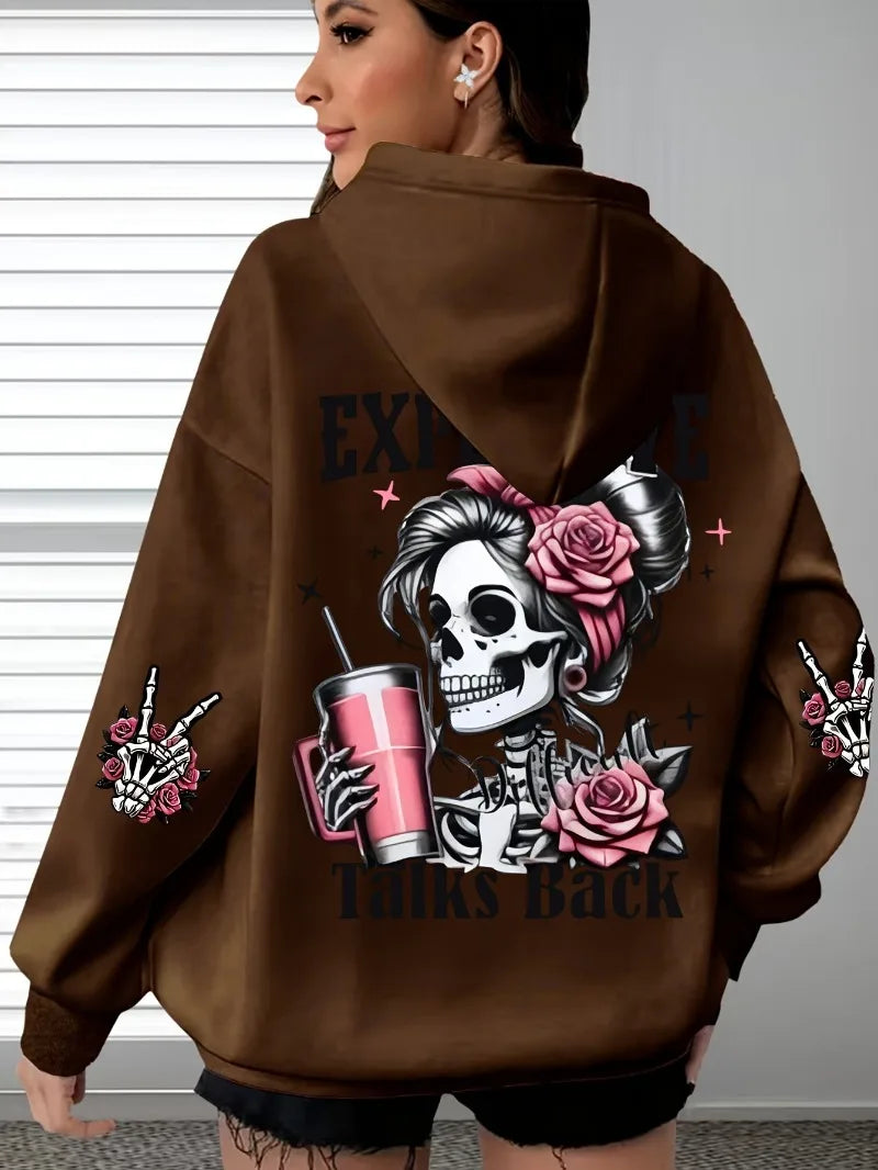 2025 Ropa deportiva de gran tamaño popular para otoño e invierno, sudadera con capucha de manga larga con estampado de calavera