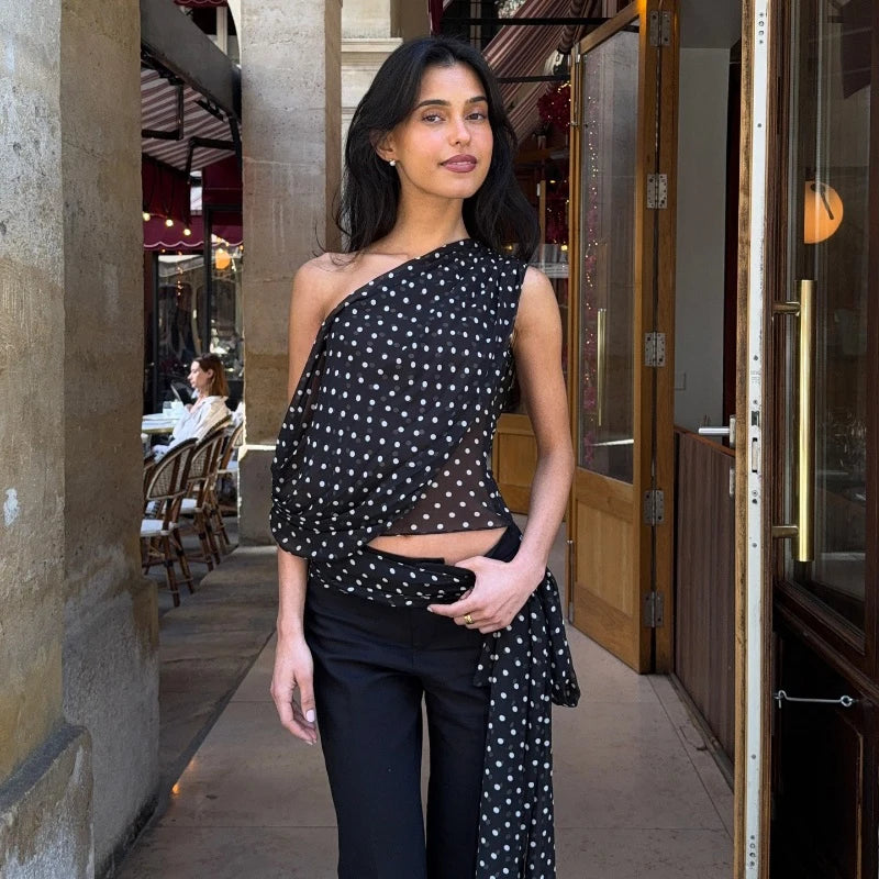 WhereMery Vintage lunares sin mangas Slim Crop Tops Y2K Sexy hombro inclinado chaleco de mujer 2025 verano Casual Fiesta Club Camis YUNO STUDIOS