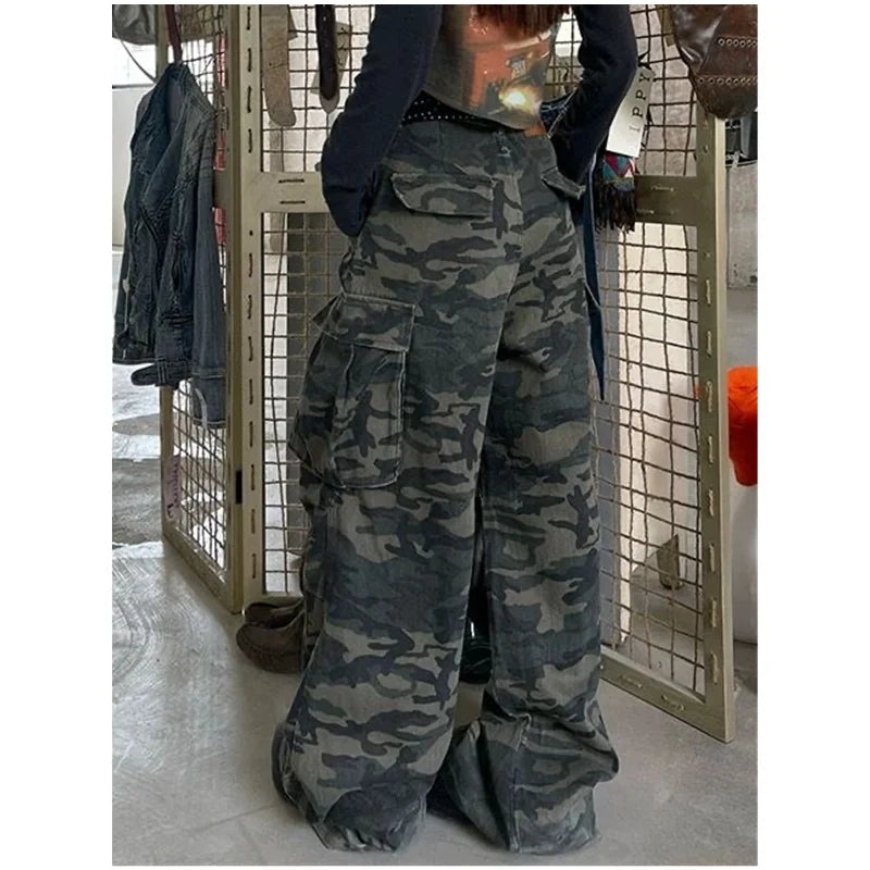 Pantalones vaqueros verdes militares para mujer, pantalones vaqueros holgados rectos Vintage de cintura alta Y2K, pantalones vaqueros de pierna ancha a la moda americana de Hip Hop