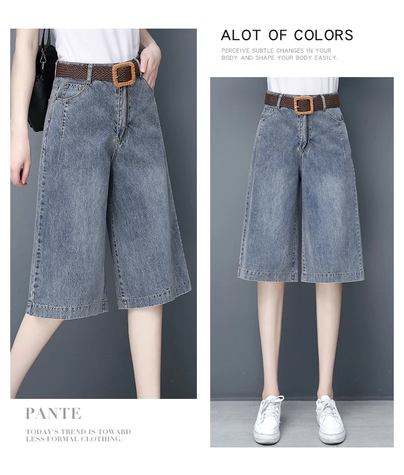 Plones vaqueros de pierna ancha de cintura alta para mujer, novedad de verano, estilo fino, cinco-siete, sueltos, adeaz...