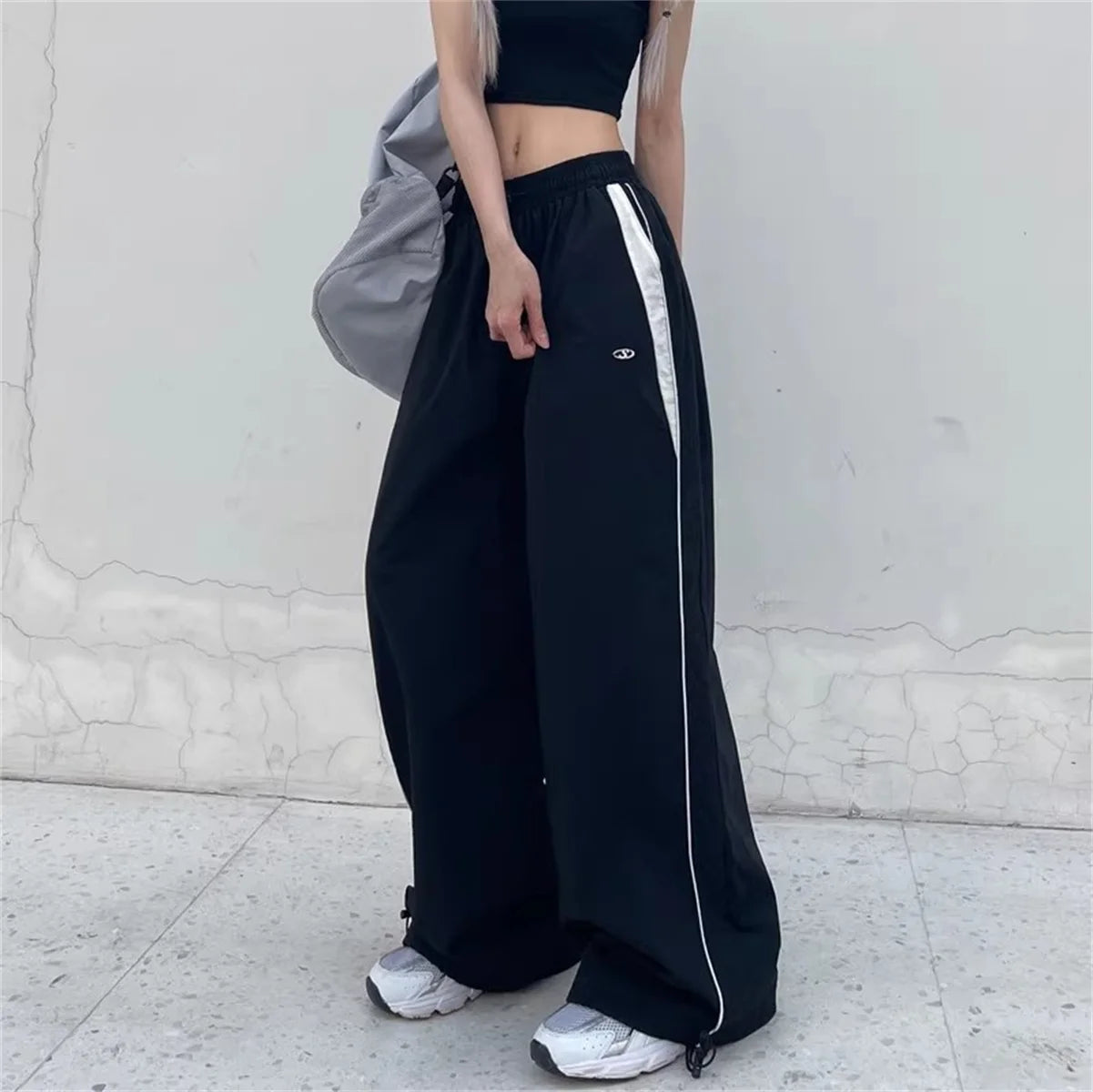 Pantalones de pierna ancha con lazo a rayas laterales Retro para mujer, pantalones deportivos informales de cintura alta, pantalones Cargo Harajuku, ropa de calle, Joggers de Hip Hop