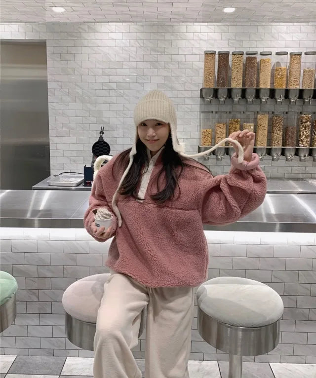 Suda de Terciopelo de Cordero para Mujer, Estilo Hoado y Casual, Cuello Alto, Abrigo Cálido de Manga Larga, Versión Cor...