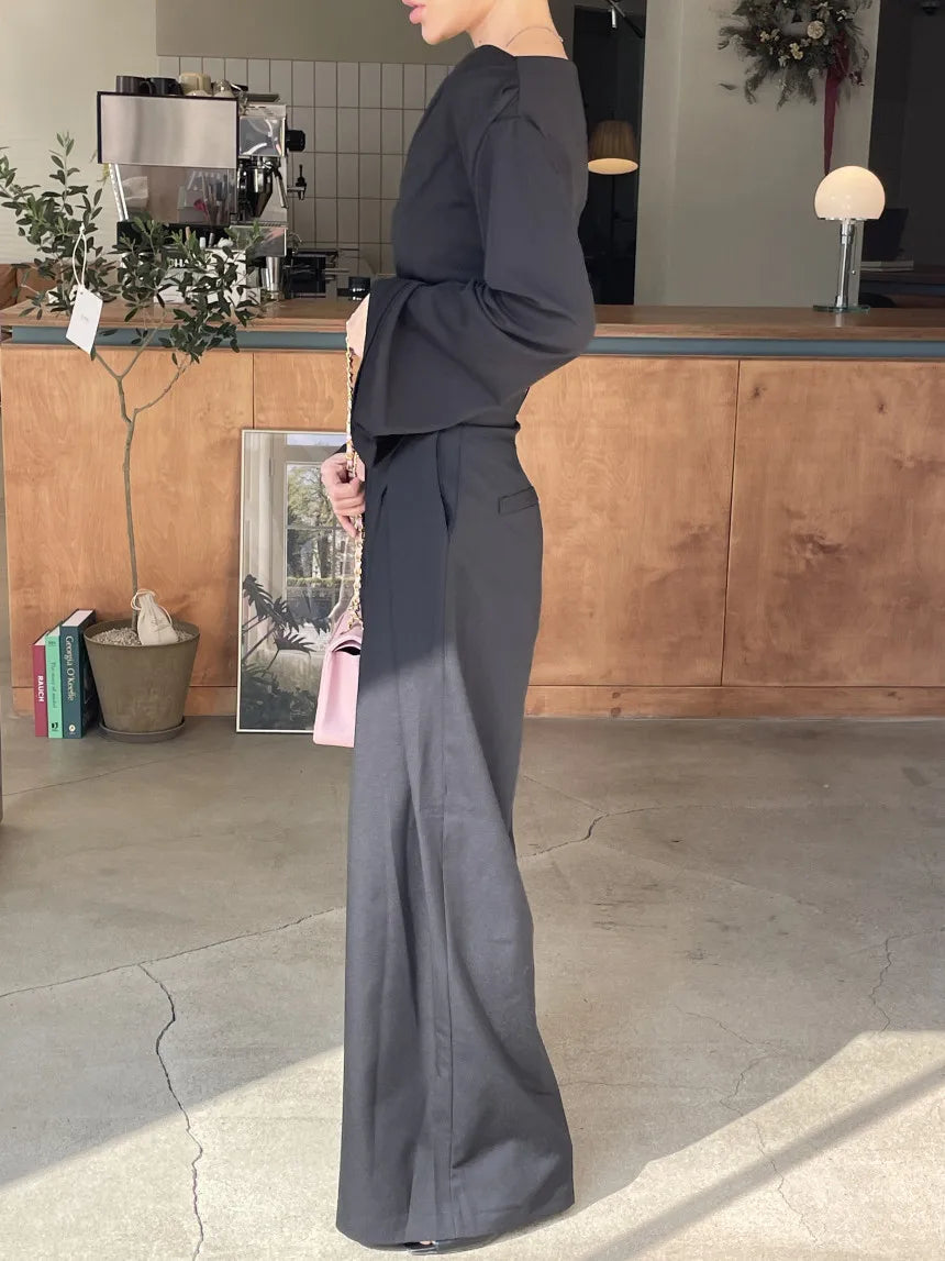 Pantalones largos para mujer, pantalón de pierna ancha, liso, informal, Regular, suelto, Simple, elegante, empalme, Capris ajustados de cintura alta, pantalones de otoño YUNO STUDIOS