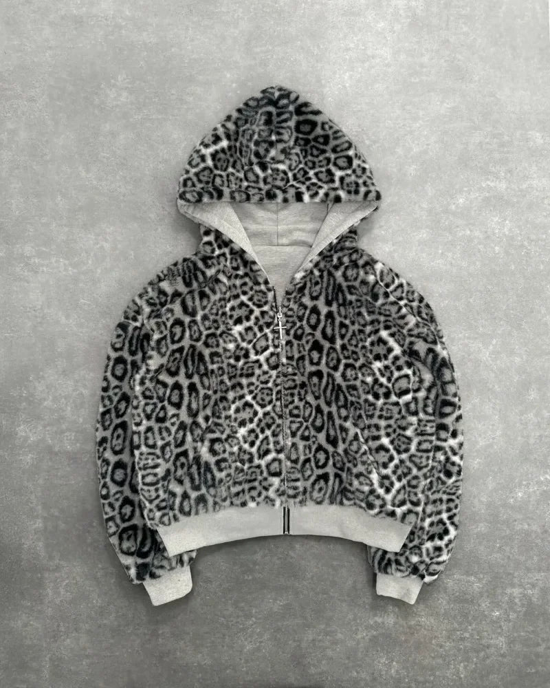 Nueva ropa de dos caras Harajuku Retro estampado de leopardo moda suelta cremallera Sudadera con capucha hombres calle Hip-hop Casual sudadera mujeres
