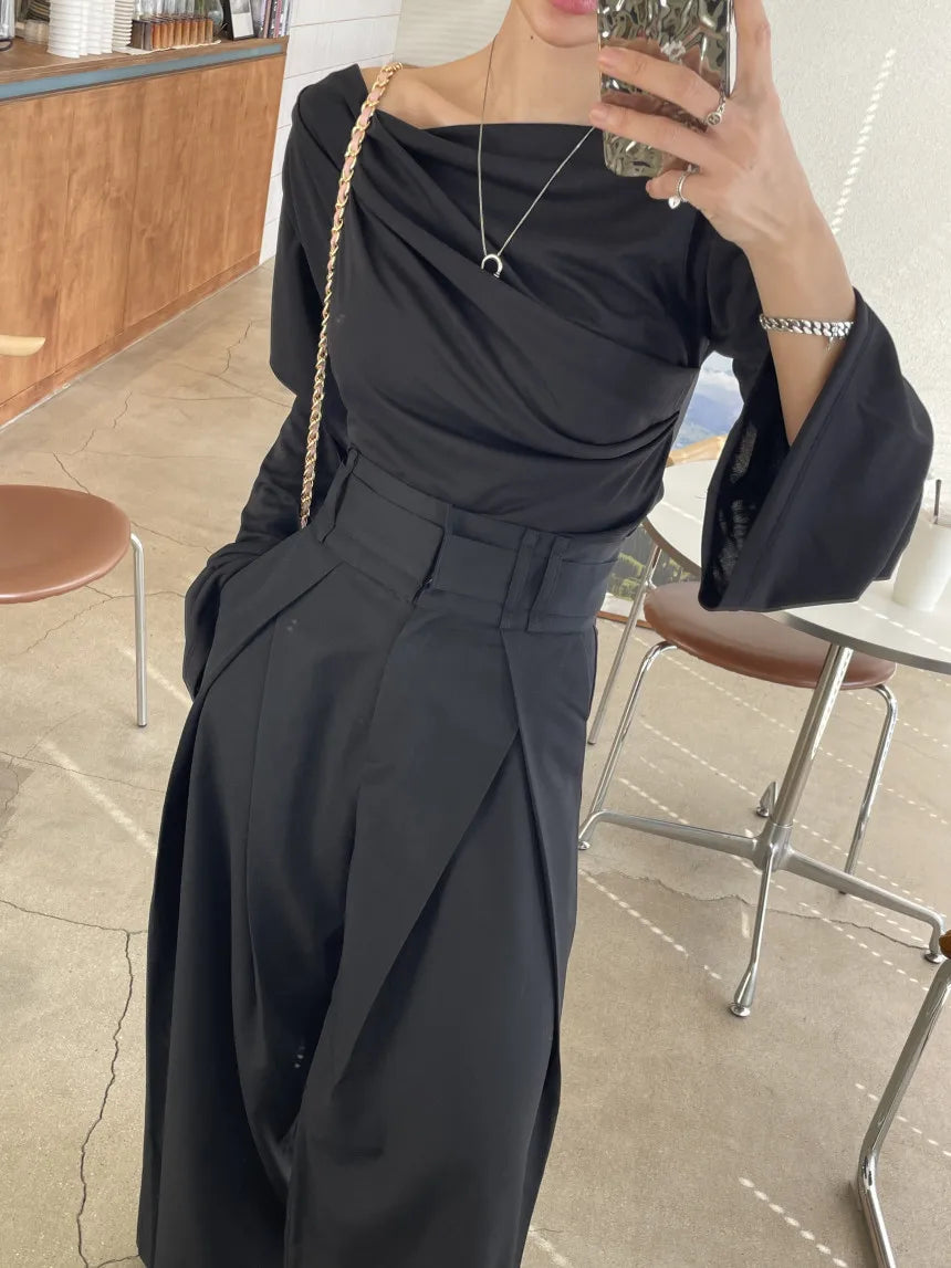 Pantalones largos para mujer, pantalón de pierna ancha, liso, informal, Regular, suelto, Simple, elegante, empalme, Capris ajustados de cintura alta, pantalones de otoño YUNO STUDIOS