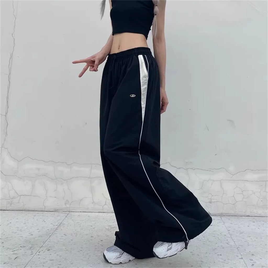 Pantalones de pierna ancha con lazo a rayas laterales Retro para mujer, pantalones deportivos informales de cintura alta, pantalones Cargo Harajuku, ropa de calle, Joggers de Hip Hop