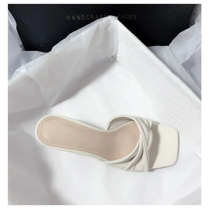 Zapatos de tacón alto con punta abierta cuadrada para mujer, zapatillas hechas a mano, color blanco albaricoque