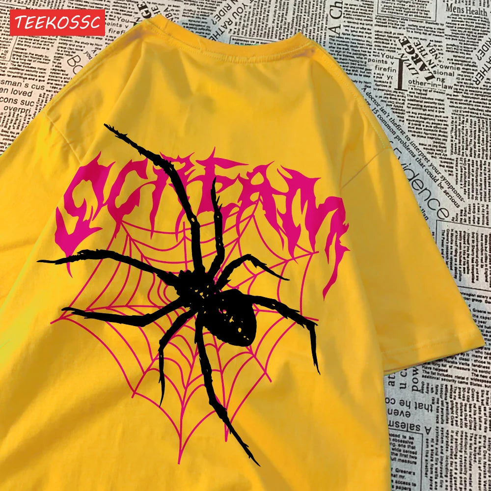 Camisetas informales de algodón para mujer, Tops con estampado de telarañas y grito, ropa femenina de moda de manga corta suave con cuello redondo de gran tamaño