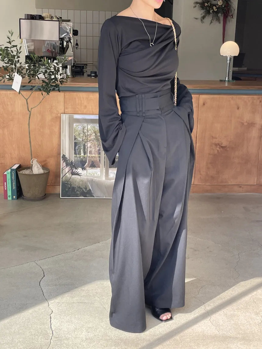 Pantalones largos para mujer, pantalón de pierna ancha, liso, informal, Regular, suelto, Simple, elegante, empalme, Capris ajustados de cintura alta, pantalones de otoño