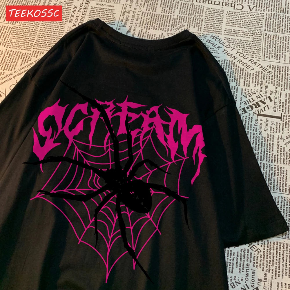 Camisetas informales de algodón para mujer, Tops con estampado de telarañas y grito, ropa femenina de moda de manga corta suave con cuello redondo de gran tamaño